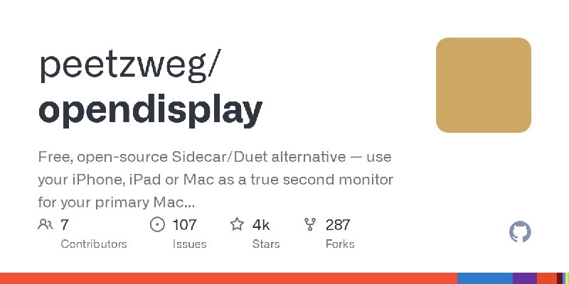 GitHub - peetzweg/opendisplay: Free, open-source Sidecar/Duet alternative — use your iPhone, iPad or Mac as a true second monitor…